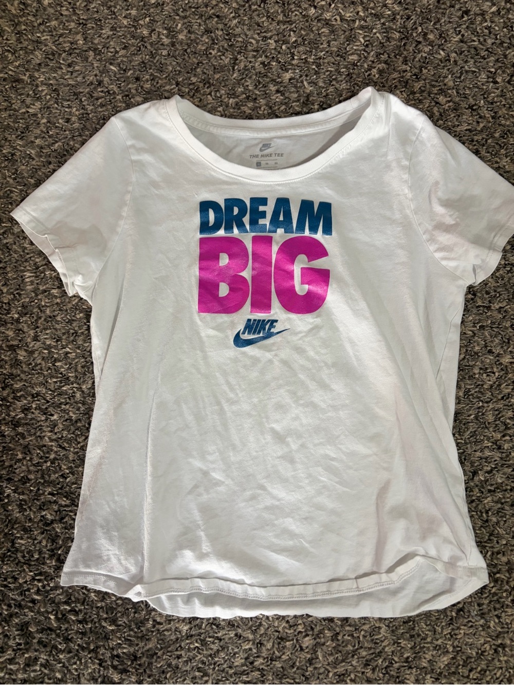 Nike White Short Sleeve Tee with Blue and Pink 'Dream Big' Graphic